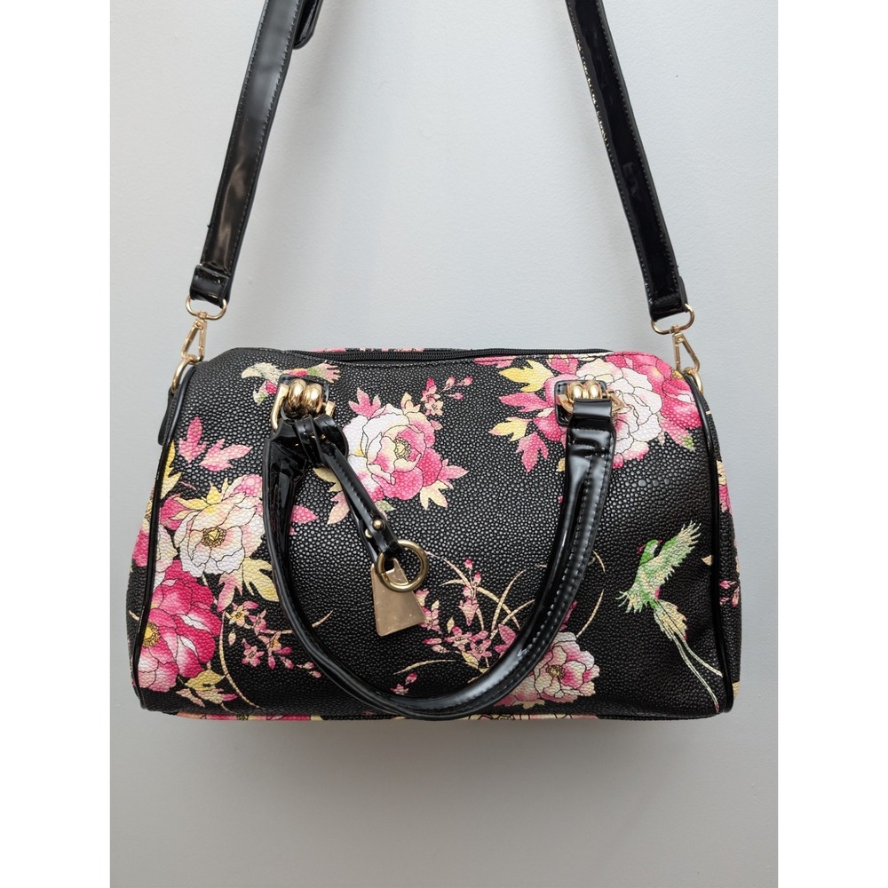 Mellow World Black Floral Dome Shapes Satchel Bag w/Gold Hardware Patent Leather